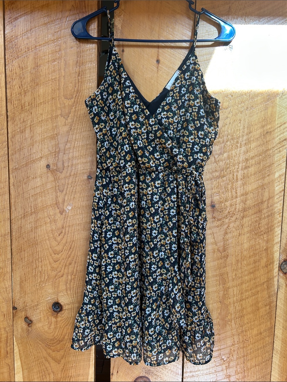 Altar'd State Black Floral Wrap Dress with Yellow & White Blooms